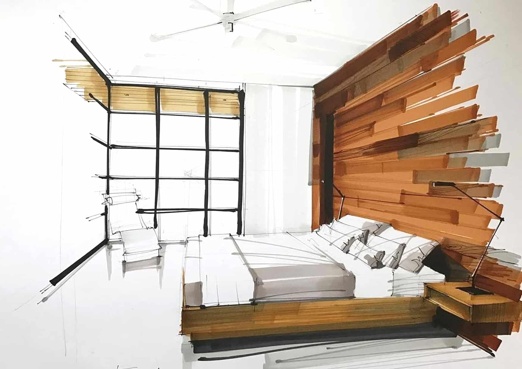 skica zaujimaveho dizajnoveho navrhu interieru modernej kuchyne spalne s drevenou stenou za postelou a oproti okno